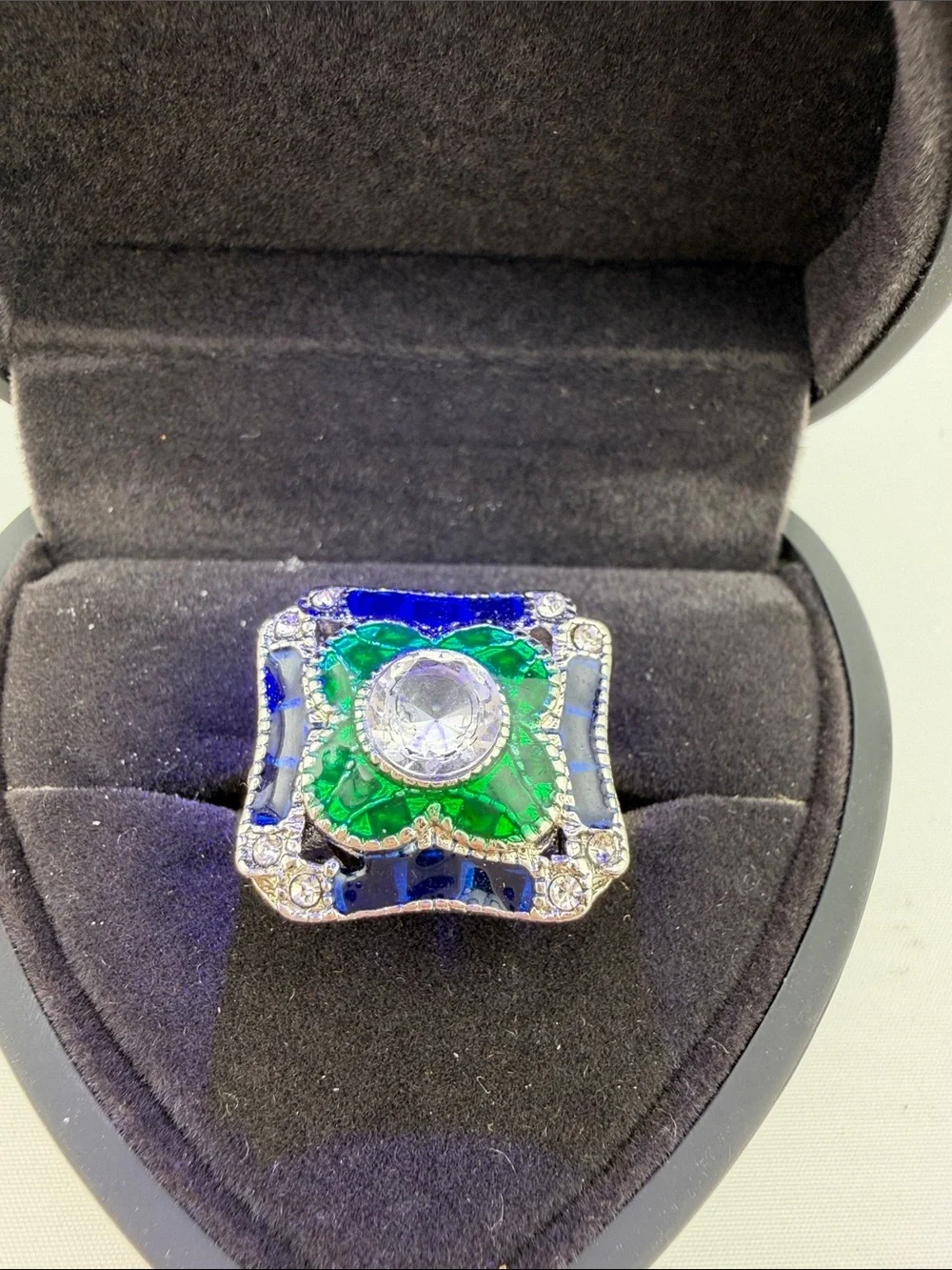 Vintage Emerald & Sapphire Enamel Cocktail Statement Ring - Women Jewelry